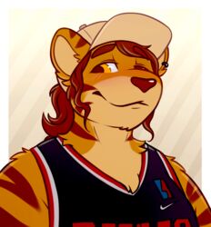  amber_eyes anthro baseball_cap clothing felid gabe_(mytigertail) hat headgear headwear hi_res male mammal mytigertail nike pantherine res signature slightly_chubby solo sports_jersey tiger 