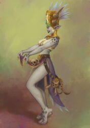  bikini colored_skin feathers female glowing glowing_eyes gold_trim grey_skin highres jewelry monster_girl pointy_ears princess_talanji skull swimsuit thane_corst tribal troll troll_(warcraft) tusks warcraft white_bikini world_of_warcraft zandalari_(warcraft) 