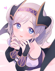  :d akari_(princess_connect!) bare_shoulders black_bridal_gauntlets black_horns black_wings blue_eyes blush breasts bridal_gauntlets commentary_request demon_girl demon_horns demon_wings female grey_hair gucchiann hairband hands_up heart highres horns looking_at_viewer medium_breasts princess_connect! purple_hairband short_twintails smile solo swept_bangs twintails wings 