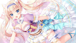  :d blonde_hair blue_eyes breasts cleavage commentary_request dutch_angle feet_out_of_frame female flower frills gloves hair_between_eyes highres iris_mysteria! kohinata_hoshimi long_hair lydia_(iris_mysteria!) medium_breasts open_mouth petals pink_flower pleated_skirt puffy_short_sleeves puffy_sleeves see-through see-through_sleeves short_sleeves skirt smile solo twintails very_long_hair white_gloves white_skirt 