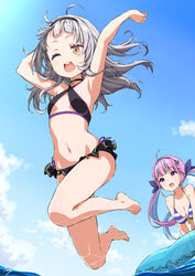  2girls ;d absurdres ahoge armpits arms_up asanaya bare_shoulders barefoot bikini black_bikini black_choker black_hairband blue_hair blue_hairband blue_sky breasts choker cloud collarbone commentary_request criss-cross_halter day feet grey_hair hairband halterneck highres hololive jumping legs long_hair looking_at_another marine_day medium_breasts midair minato_aqua minato_aqua_(hololive_summer_2019) multicolored_hair multiple_girls murasaki_shion murasaki_shion_(hololive_summer_2019) navel ocean one_eye_closed open_mouth outdoors purple_eyes purple_hair revision signature sky sling_bikini_top small_breasts smile stomach striped_bikini striped_clothes swimsuit teeth toes twintails two-tone_hair upper_teeth_only virtual_youtuber water yellow_eyes 