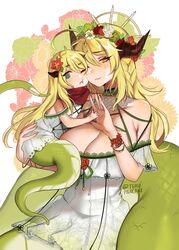  2girls ;t @_@ ahoge blonde_hair blue_eyes blush breasts carrying cheek-to-cheek commentary dress english_commentary floral_background floral_print flower flower_wreath hair_between_eyes hair_flower hair_ornament heads_together highres horns lamia large_breasts lolicon long_hair monster_girl mother&#039;s_day mother_and_daughter multiple_girls original smile snek_(terupancake) terupancake twitter_username very_long_hair white_dress yellow_eyes 