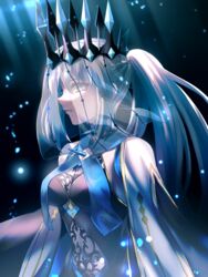  blue_dress blue_eyes braid breasts bridal_veil cape cleavage_cutout clothing_cutout commentary_request crown_braid dress fate/grand_order fate_(series) female from_side grey_hair gyoza_(pi512126) half_up_braid highres long_hair looking_at_viewer morgan_le_fay_(fate) morgan_le_fay_(queen_of_winter)_(fate) navel_cutout partial_commentary ponytail sideways_glance small_breasts solo upper_body veil white_cape 