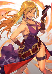  :d belt blonde_hair breasts brown_gloves cleavage dress earrings fatal_fury feet_out_of_frame female fingerless_gloves garou:_mark_of_the_wolves gloves holding holding_shoes hungry_clicker jenet_behrn jewelry long_hair making-of_available one_eye_closed oversized_belt purple_dress shoes smile solo the_king_of_fighters the_king_of_fighters_xv 