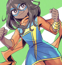  animification black_hair blue_dress bodysuit bracelet bright_pupils brown_eyes clenched_hands dark-skinned_female dark_skin dress female green_background hair_between_eyes jewelry kamala_khan lightning_bolt_symbol marvel marvel_cinematic_universe mask medium_hair ms._marvel ms._marvel_(disney+) orange_bodysuit smile solo sunafuki_tabito superhero_costume white_pupils 