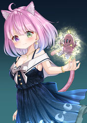  absurdres ahoge animal_ear_fluff animal_ears bad_id bad_pixiv_id black_dress blush bracelet breasts cat_ears cat_girl cat_tail cleavage commentary_request dress female heterochromia highres himemori_luna himemori_luna_(sundress) hololive jewelry luknight_(himemori_luna) medium_breasts memeri necklace official_alternate_costume partial_commentary pink_hair short_hair sleeveless sleeveless_dress smile tail virtual_youtuber 