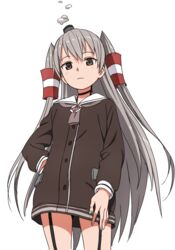  amatsukaze_(kancolle) brown_eyes commentary_request cowboy_shot female grey_hair kantai_collection kinosuke_(sositeimanoga) long_hair revision simple_background solo two_side_up very_long_hair white_background 