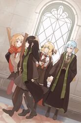  4girls ahoge anisphia_wynn_palettia black_hair black_ribbon blonde_hair blue_hair book boots broom brown_footwear brown_skirt cardigan cloak closed_mouth collared_shirt commentary_request cosplay cross-laced_footwear crossover dutch_angle euphyllia_magenta full_body furrowed_brow green_eyes green_necktie grey_cardigan grey_sweater gryffindor hair_between_eyes hair_ribbon harry_potter_(series) highres hogwarts_school_uniform holding holding_book holding_broom hood hooded_cloak indoors inoue_takina knee_boots lace-up_boots lelioz light_blue_hair long_hair long_skirt looking_at_another lycoris_recoil multiple_girls necktie nishikigi_chisato pantyhose pleated_skirt red_eyes red_necktie ribbon school_uniform shirt shoes short_hair skirt slytherin socks sweater tensei_oujo_to_tensai_reijou_no_mahou_kakumei two_side_up white_shirt white_socks wide_sleeves wizarding_world yellow_ribbon 