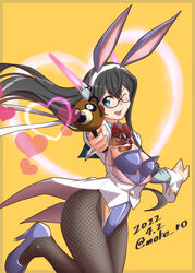  adapted_costume animal_ears black_hair bow bowtie breasts can_can_bunny coattails cosplay cowboy_shot cropped_jacket dated female fishnet_pantyhose fishnets green_eyes gun jacket kantai_collection leotard long_hair looking_at_viewer moke_ro one_eye_closed ooyodo_(kancolle) pantyhose playboy_bunny purple_footwear purple_leotard rabbit_ears rabbit_tail red_bow red_bowtie semi-rimless_eyewear small_breasts solo swatty_(can_can_bunny) swatty_(can_can_bunny)_(cosplay) tail twitter_username under-rim_eyewear weapon white_jacket wrist_cuffs 