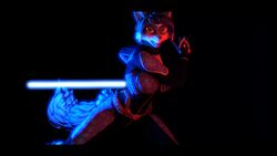  16:9 2018 3d_(artwork) angry anthro black_background blue_body blue_fur blue_hair blue_lightsaber bodysuit canid canine clothing digital_media_(artwork) energy_sword female fox fur furniture green_eyes hair hi_res jewelry krystal_(star_fox) laser_sword lightsaber mammal melee_weapon multicolored_body multicolored_fur multicolored_tail nintendo silvarus simple_background skinsuit solo star_fox star_wars sword tail tight_clothing warfare_krystal warfare_machine weapon white_body white_fur widescreen 