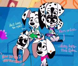  101_dalmatian_street 101_dalmatians bandana black_spots blind_eye bodypaint canid canine canis chew_toy collar confusion controller cord d-pad_(whitewolf20xx) da_vinci_(101_dalmatians) dalmatian dee_dee_(101_dalmatians) dialogue disney dizzy_(101_dalmatians) domestic_dog donny_(playzone) english_text fan_character female feral fur furniture game_cartridge game_controller game_media gaming group hand_on_head hi_res holding_controller holding_game_controller holding_object kerchief looking_at_another looking_up lying male mammal n64_cartridge n64_controller nintendo nintendo_64 nintendo_controller offscreen_character on_back on_sofa open_mouth playing_video_game sitting smile sofa spots storage_media text up_and_over upside-down white_body white_fur whitewolf20xx wired_controller young 