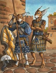  0laffson 2020 4_toes 5_fingers annoyed anthro armband armor aventail_(armor) background_character belt blep blue_eyes brown_body brown_fur buckle building caracal caracal_(genus) chainmail closed_eyes clothed clothing cobblestone crossed_arms dagger dated day detailed_background digitigrade dipstick_tail duo_focus ear_piercing ear_ring ear_tuft feet felid feline fingers fur fur_markings group hauberk headgear helmet hi_res holding_melee_weapon holding_object holding_polearm holding_spear holding_weapon hybrid jewelry light looking_down_at_another lynx mace male mammal markings melee_weapon necklace outside painting_(artwork) piercing polearm ring_piercing sabatons scabbard scar scarf schynbalds shield signature sky sleeping spear spots spotted_body spotted_fur standing straps striped_body striped_fur stripes sword tail tail_markings toes tongue tongue_out traditional_media_(artwork) tuft vambrace wall_(structure) watercolor_(artwork) weapon white_body white_fur 