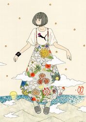  awai880 black_hair blue_flower bob_cut cloud dress female floral_print flower highres leaf mountain multicolored_flower original print_dress print_shirt red_flower reflection shirt short_hair signature solo water white_flower white_shirt yellow_flower 