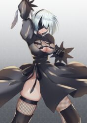  2b_(nier:automata) absurdres arm_up black_blindfold black_dress black_gloves black_hairband black_thighhighs blindfold boots breasts cleavage_cutout clothing_cutout dress expressionless feather-trimmed_sleeves female fishnet_fabric fishnet_thighhighs fishnets gloves hairband hand_up highres holding holding_sword holding_weapon jam_(jamjam777) looking_at_viewer medium_breasts medium_hair nier:automata nier_(series) parted_lips side_slit skindentation solo sword sword_behind_back thigh_boots thighhighs thighhighs_under_boots weapon white_hair 