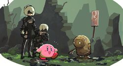  1boy 2b_(nier:automata) 9s_(nier:automata) black_blindfold black_dress black_hairband black_thighhighs blindfold boots breasts clothing_cutout crossover dreaminerryday dress female gloves hairband kirby kirby_(series) kirby_and_the_forgotten_land long_sleeves mole mole_under_mouth nier:automata nier_(series) puffy_sleeves robot short_hair shorts thigh_boots thighhighs white_hair 