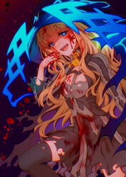  blonde_hair blood blood_on_clothes blood_on_face blood_splatter blue_eyes blunt_bangs boots breasts choker detached_sleeves dress fall4592 female glowing glowing_eyes happy hood laughing long_hair looking_at_viewer open_mouth possessed red_riding_hood_(sinoalice) sinoalice small_breasts solo thigh_boots thighhighs yandere 