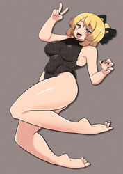  absurdres alternate_costume bare_legs barefoot black_bow black_leotard black_nails blonde_hair blush bow breasts brown_eyes commentary covered_navel female fingernails full_body grey_background hair_bun hairbow highres kurodani_yamame large_breasts leotard looking_at_viewer medium_bangs medium_hair oerba_yun_fang open_mouth rinyamame shadow shiny_skin simple_background single_hair_bun smile solo toes tongue tongue_out touhou v 