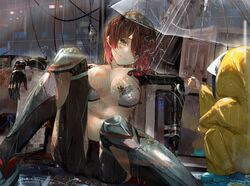  2girls a-chan_(hololive) android breasts breasts_apart brown_eyes brown_hair cable commentary detached_arm electricity funi_mu9 highres hololive large_breasts midriff multiple_girls navel no_shirt nude raincoat roboco-san robot science_fiction short_hair sitting smile solo_focus transparent transparent_umbrella umbrella virtual_youtuber yellow_raincoat 