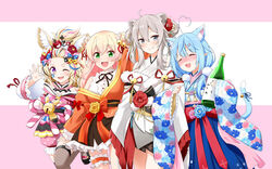  4girls :d ;d absurdres ahoge animal_ear_fluff animal_ears bangs_pinned_back bell black_bow black_footwear black_skirt blonde_hair blue_bow blue_hair blue_nails blue_tail blush bottle bow breasts cat_ears cat_girl cat_tail closed_eyes commentary detached_sleeves double_bun elf felutiahime flower fox_ears fox_girl fox_tail green_eyes grey_eyes grey_hair hair_bell hair_between_eyes hair_bun hair_ornament hairbow heart heart_ahoge highres holding holding_bottle hololive japanese_clothes jingle_bell kimono large_breasts lion_ears looking_at_viewer momosuzu_nene momosuzu_nene_(new_year) multicolored_hair multiple_girls nepolabo oerba_yun_fang off_shoulder official_alternate_costume omaru_polka omaru_polka_(new_year) one_eye_closed open_hands open_mouth orange_bow pink_bow pink_hair pointy_ears purple_eyes red_bow red_hair red_nails shishiro_botan shishiro_botan_(new_year) skindentation skirt smile standing standing_on_one_leg streaked_hair tail thigh_strap thighhighs two_side_up virtual_youtuber waving wide_sleeves yellow_bow yellow_flower yukata yukihana_lamy yukihana_lamy_(new_year) yuri 