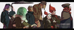  2girls 2others 5boys advance_wars advance_wars:_dual_strike afro antennae arms_behind_back bald breasts crossed_arms english_commentary fisher903 goggles hat hawke_(advance_wars) height_difference highres jugger_(advance_wars) kindle_(advance_wars) koal_(advance_wars) kong lash_(advance_wars) lipstick makeup mask medium_breasts medium_hair midriff military military_hat military_uniform multiple_boys multiple_girls multiple_others oxygen_mask ponytail profile purple_hair red_hair robot shadow short_hair simple_background sitting snake_(advance_wars) sturm_(advance_wars) tank_top uniform unzipped von_bolt_(advance_wars) watermark white_background white_hair 