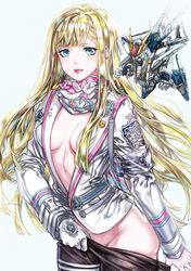  alternate_costume bad_id bad_pixiv_id black_pants blonde_hair blue_eyes breasts chibi cleavage female gigi_andalusia gloves greatwhite1122 green_eyes gundam gundam_hathaway&#039;s_flash highres jacket long_hair looking_at_viewer mecha medium_breasts mobile_suit pants pantyhose robot scarf science_fiction single_glove solo undressing v-fin very_long_hair white_gloves white_jacket white_scarf xi_gundam 