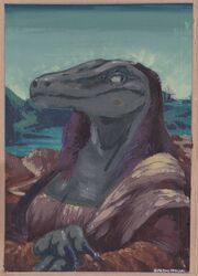  acrylic_painting_(artwork) anthro cardboard detailed dinosaur dromaeosaurid female green_body hair hi_res looking_away mona_lisa_(artwork) nails painting_(artwork) reptile rubbish_chameleon scalie serious solo theropod traditional_media_(artwork) velisaraptor_(rubbish_chameleon) velociraptor 