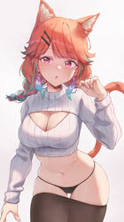  :o absurdres alternate_costume animal_ear_fluff animal_ears black_pantyhose blush braid breasts cat_ears cat_girl cat_tail cleavage cleavage_cutout clothes_pull clothing_cutout cowboy_shot crop_top female hair_ornament hairclip hand_up highres hololive hololive_english kemonomimi_mode large_breasts long_sleeves looking_at_viewer multicolored_hair navel orange_hair orange_tail panties pantyhose pantyhose_pull parted_lips red_eyes shironekokfp sidelocks simple_background skindentation solo stomach string_panties swept_bangs tail takanashi_kiara turtleneck underwear virtual_youtuber white_background 