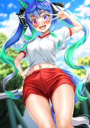  absurdres animal_ears black_ribbon blue_eyes blue_hair blue_sky blurry blurry_background cloud cloudy_sky commentary day depth_of_field female gym_shirt gym_shorts gym_uniform hair_ribbon hand_on_own_hip heterochromia highres horse_ears horse_girl horse_tail long_hair looking_at_viewer manu_lee midriff multicolored_hair navel open_mouth outdoors purple_eyes railing red_shorts ribbon sharp_teeth shirt short_shorts shorts sidelocks sky smile solo standing t-shirt tail teeth tracen_training_uniform twin_turbo_(umamusume) twintails two-tone_hair umamusume v_over_eye very_long_hair white_shirt 