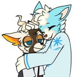  1:1 2022 alpha_channel animal_crossing anthro black_clothing black_jacket black_topwear blue_body blue_fur brown_body brown_fur canid canine canis closed_eyes clothing colored deer duo eyebrows eyelashes female fur half-closed_eyes hand_on_head hand_on_shoulder hug inner_ear_fluff jacket male mammal narrowed_eyes nintendo pegacousin shirt skye_(animal_crossing) smile smug topwear tuft white_body white_clothing white_fur white_shirt white_topwear wolf zell_(animal_crossing) 