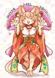  2021 4_fingers anthro asian_clothing blush breasts cleavage closed_eyes clothed clothing east_asian_clothing female female_anthro fingers japanese_clothing jewelry kemono kimono mammal mouse murid murine necklace obi open_mouth open_smile rodent setouchi_kurage smile solo standing 