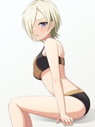  absurdres back black_sports_bra blonde_hair blush breasts feet_out_of_frame female hair_over_one_eye highres looking_at_viewer love_live! love_live!_nijigasaki_high_school_idol_club medium_breasts mia_taylor open_mouth purple_eyes samesuke_(315samesuke) short_hair sitting solo sports_bra v-shaped_eyebrows 