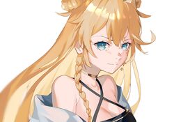  bare_shoulders black_shirt blonde_hair blue_eyes braid breasts bustier cleavage closed_mouth criss-cross_halter cyberlive double_bun earrings female hair_bun hair_ornament halterneck highres jacket jewelry kaneko_lumi kaneko_lumi_(1st_costume) kuroi_enpitsu long_hair looking_at_viewer medium_breasts neck_ring off_shoulder open_clothes open_jacket shirt side_braid single_earring smile solo star_(symbol) star_earrings star_hair_ornament very_long_hair virtual_youtuber 