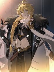  1boy aether_(genshin_impact) black_gloves blonde_hair braid brown_pants chess_piece crop_top earrings genshin_impact gloves ha_ze highres holding holding_mask jacket jacket_on_shoulders jewelry long_hair male_focus mask midriff navel pants parted_lips solo teeth white_jacket yellow_eyes 