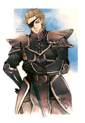  1boy aoharuto armor artist_name belt blonde_hair bracer brown_eyes dated day eyepatch fire_emblem fire_emblem:_path_of_radiance gloves haar_(fire_emblem) hand_on_own_hip highres male_focus outdoors short_hair simple_background solo standing 