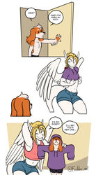  2022 3_panel_comic angel_dragon anthro athletic_wear back_wings bird_dog blonde_hair bottomwear canid canine canis closed_eyes clothing crop_top cropped_hoodie dialogue dialogue_box domestic_dog dot_eyes dragon english_text feathered_wings feathers floppy_ears freckles_(artist) fur gym_bottomwear gym_shorts hair hotpants humor hunting_dog mammal mythological_creature mythological_scalie mythology orange_body orange_fur pecas_(freckles) scales scalie shirt shorts siegfried simple_background size_difference smile spaniel tail text topwear welsh_springer_spaniel white_background white_body white_feathers white_fur white_hair white_scales wide_eyed wings 