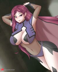  alternate_costume arms_up bodystocking breasts cape cleavage collar cosplay covered_navel dark_background dark_mage_(fire_emblem_fates) female fire_emblem fire_emblem_heroes gloves hayato_stuff highres large_breasts loki_(fire_emblem) long_hair looking_at_viewer open_mouth panties purple_eyes purple_hair purple_panties smile solo thighhighs underwear very_long_hair 