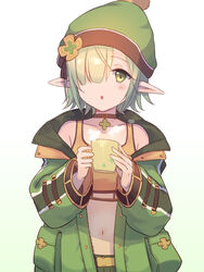  :o aoi_(camp)_(princess_connect!) aoi_(princess_connect!) bare_shoulders beanie black_choker blush choker collarbone commentary_request crop_top cup elf female gradient_background green_background green_eyes green_hair green_hat green_jacket gucchiann hair_over_one_eye hat highres holding holding_cup jacket long_sleeves midriff mug navel off_shoulder open_clothes open_jacket orange_tank_top parted_lips pendant_choker pointy_ears princess_connect! puffy_long_sleeves puffy_sleeves solo steam tank_top white_background 