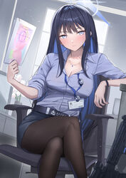  arm_support assault_rifle black_hair black_pantyhose black_skirt blue_archive blue_eyes blue_hair blue_shirt blush breasts chair cleavage closed_mouth collared_shirt colored_inner_hair commentary_request crossed_legs dutch_angle feet_out_of_frame female gacha gun halo highres holding holding_paper id_card indoors jewelry knife lanyard light_smile long_hair long_sleeves looking_at_viewer medium_breasts multicolored_hair necklace office_chair office_lady pantyhose paper partial_commentary pencil_skirt rifle saori_(blue_archive) sheath sheathed shirt shirt_tucked_in shougun_(chuckni1) sidelocks sig_516 sig_sauer sitting skirt smile solo swivel_chair very_long_hair weapon window wing_collar 