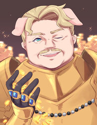  1boy ;d animal_ears armor azold_(princess_connect!) black_gloves blonde_hair blue_eyes blue_gemstone breastplate coin commentary_request facial_hair gauntlets gem gloves gucchiann hand_up highres jewelry looking_at_viewer male_focus moustache one_eye_closed pig_boy pig_ears princess_connect! ring smile solo sparkle thick_eyebrows upper_body 