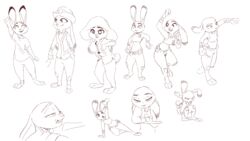  16:9 2020 anthro barefoot belt bottomwear brown_and_white buckteeth bulletproof_vest clothed clothing dipstick_ears disney ear_markings feet female footwear gesture half-closed_eyes hat headgear headwear hi_res ittybittykittytittys judy_hopps lagomorph leporid looking_at_viewer mammal monochrome multicolored_ears multiple_poses narrowed_eyes pants police police_uniform pose rabbit safety_vest shirt shoes simple_background sketch_page smile solo standing t-shirt teeth toeless_footwear toeless_shoes topwear uniform utility_belt vest waving white_background widescreen zootopia 