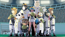  16:9 2020 anthro arai_rascal backwards_baseball_cap backwards_hat baseball_(sport) baseball_bat baseball_cap baseball_field baseball_glove baseball_uniform bat_(object) bear bottomwear brand_new_animal brown_body brown_fur canid canine clothing detailed_background eyewear fur giant_panda glasses group hat headgear headwear hi_res jackie_(brand_new_animal) male mammal michiru_kagemori night outside pants polar_bear procyonid raccoon raccoon_dog shirt shorts slightly_chubby sport sportswear studio_trigger tanuki tongue tongue_out topwear uniform ursine ve white_body white_fur widescreen 