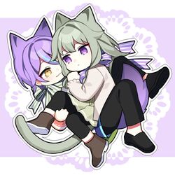  1boy :3 animal_ears bad_id bad_twitter_id black_footwear black_legwear black_pants boots bow brown_footwear cat_ears cat_girl cat_tail chibi closed_mouth commentary_request dress ear_piercing female fox_boy fox_ears fox_tail green_bow green_dress green_hair grey_jacket jacket kamishiro_rui kusanagi_nene long_hair long_sleeves looking_at_another low-tied_long_hair multicolored_hair pants pantyhose piercing project_sekai purple_bow purple_eyes shoes sidelocks smile straight streaked_hair striped striped_bow tail waka_(wk4444) white_jacket yellow_eyes 