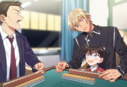  3boys :d amuro_tooru black-framed_eyewear black_eyes black_hair black_jacket blonde_hair blue_eyes blurry blurry_background blush brown_hair cardigan collared_shirt commentary_request edogawa_conan facial_hair fingernails formal glasses hair_between_eyes height_difference indoors jacket k_(gear_labo) lolicon long_sleeves looking_at_another looking_down looking_to_the_side looking_up mahjong mahjong_table mahjong_tile male_focus meitantei_conan mouri_kogoro moustache multiple_boys necktie open_clothes open_jacket open_mouth playing_games purple_jacket purple_suit red_cardigan red_necktie shirt short_hair sitting smile suit sweatdrop table white_shirt window wing_collar 