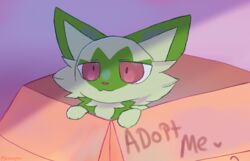  adoption_box ambiguous_gender animated box container expecting feral generation_9_pokemon green_body green_markings in_box in_container markings nintendo noarustar peek pink_paws pokemon pokemon_(species) red_eyes short_playtime smile solo sprigatito 