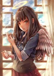  angel_wings black_hair black_shirt blunt_bangs brown_eyes buttons cigarette cloud cloudy_sky collared_jacket commentary_request cowboy_shot cropped_jacket curtains day denim denim_jacket eyebrows_hidden_by_hair female haibane_renmei halo hand_up highres holding holding_cigarette holding_lighter indoors jacket kodue55 light_particles lighter lips long_hair looking_at_viewer pleated_skirt red_skirt reki_(haibane) shirt skirt sky smile smoke smoking solo standing sunlight window wings 