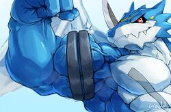  anthro bandai_namco belt biceps big_biceps big_muscles digimon digimon_(species) exveemon flexing flexing_bicep hi_res male muscular muscular_male pecs solo vein veiny_muscles waddledox 