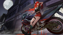  absurdres arknights arm_up black_choker black_footwear black_shirt black_socks building character_name choker commentary cross cross_necklace female full_moon genera-x highres horns jewelry long_hair midriff miniskirt moon motor_vehicle motorcycle navel necklace night night_sky official_alternate_costume outdoors purple_eyes red_hair red_skirt shirt shoes sitting skirt sky socks solo surtr_(arknights) thigh_strap thighs very_long_hair 