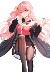  black_jacket bow breasts brown_pantyhose brown_skirt closed_mouth collared_shirt commentary_request emily_stock feet_out_of_frame female hair_between_eyes hairbow hands_up heart highres jacket long_hair long_sleeves looking_at_viewer medium_breasts one_side_up open_clothes open_jacket original pantyhose pink_hair pink_shirt puffy_long_sleeves puffy_sleeves purple_eyes ririko_(zhuoyandesailaer) shirt simple_background sitting skirt sleeves_past_wrists solo thighband_pantyhose very_long_hair white_background yellow_bow 