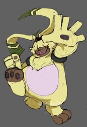  ahoge ambiguous_gender angoramon anthro bandai_namco belt digimon digimon_(species) digimon_ghost_game fur hair hair_over_eyes hi_res lagomorph leporid long_ears mammal pawpads ponytail_ears rabbit simple_background solo tatertottoto yellow_body yellow_fur 