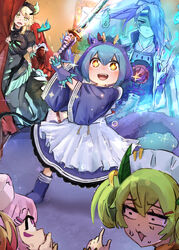  +_+ 1boy 5girls blonde_hair blue_hair brown_hair chamber_dragonmaid constricted_pupils covering_own_mouth curtains dragon_girl dragon_horns dragon_tail dress duel_monster empty_eyes fingerless_gloves gloves green_hair hair_over_one_eye hand_over_own_mouth hat hatano_kiyoshi highres holding holding_sword holding_weapon horns juliet_sleeves katana kitchen_dragonmaid laundry_dragonmaid long_hair long_sleeves maid_headdress multiple_girls nervous_sweating nurse_cap nurse_dragonmaid open_mouth parlor_dragonmaid picture_frame pink_eyes pink_hair pointing ponytail puffy_sleeves purple_hair red_hair shiranui_spectralsword shiranui_spectralsword_shade sparkle sweat sword tail unamused weapon wide_sleeves yu-gi-oh! 